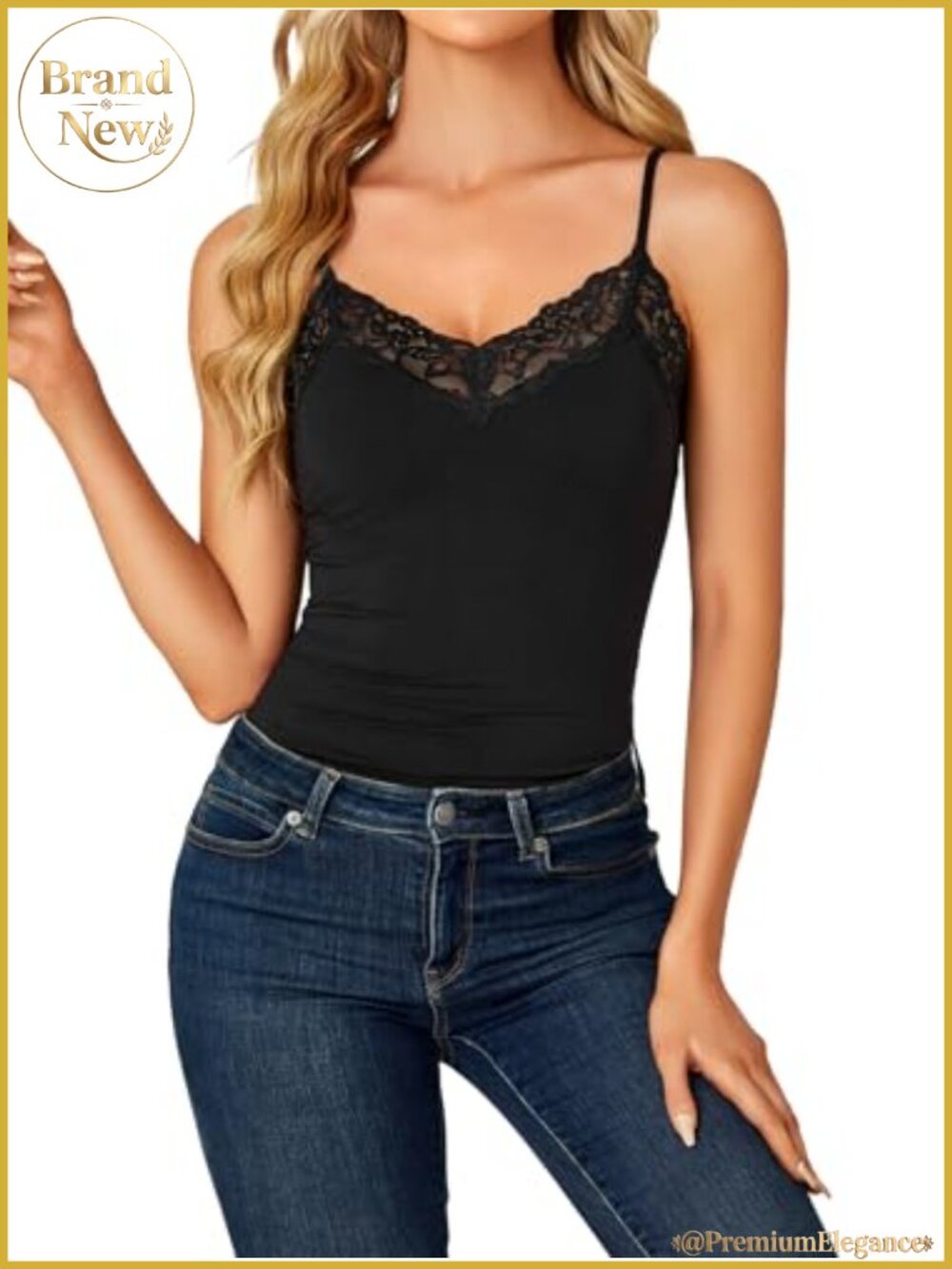 Lace Trim V Neck Cami Top Adjustable Spaghetti Straps